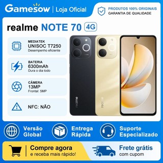 Realme Note 70 4G, Processador Unisoc T7250, Versão Global, 128/256 Armazenamento ou 4/8GB RAM, Versão Global