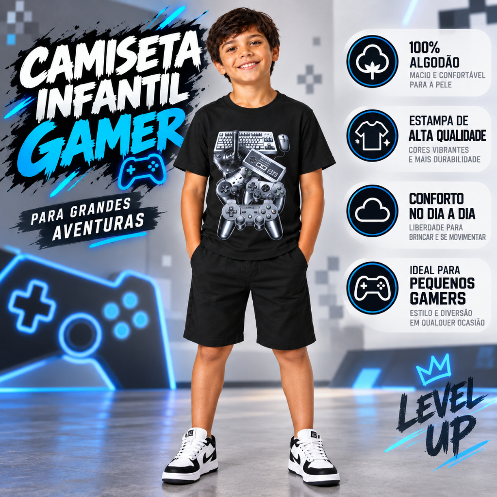 Camiseta Gamer Infantil Controles de Videogame Black Friday Unissex 100% Algodão Estampa Games Console Retro