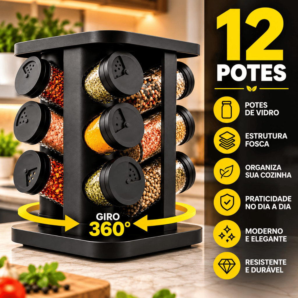 6/12 Potes Porta Condimentos Giratório Vidro Tampa Dosadora 360° Organizador Temperos Cozinha Preto Plástico
