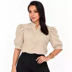 Blusinha Feminina Crepinho Evangélica Manga Bufante Com Botão