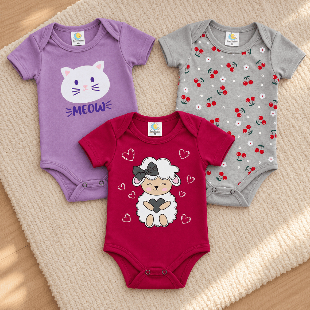 Kit 3 Body Para Bebê Infantil Sortido Menina Algodão Estampas Variadas Confortável