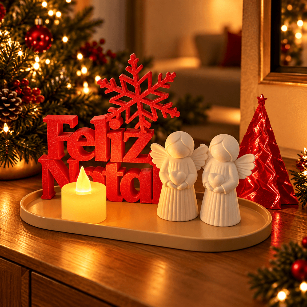 Decoração Natalina Letreiro Feliz Natal com Anjos e Árvore Enfeites LED para Mesa Minimalista