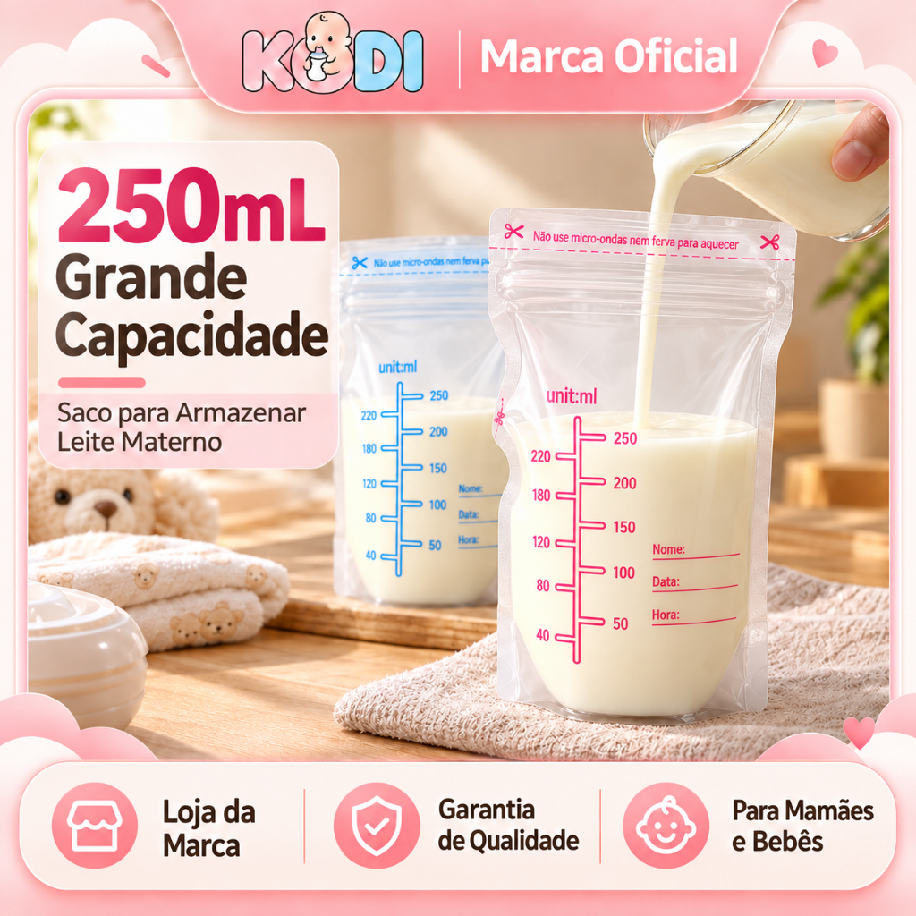 Saco para Armazenar Leite Materno 250ml com Dupla Vedação para Congelar e Organizar Porções KODI