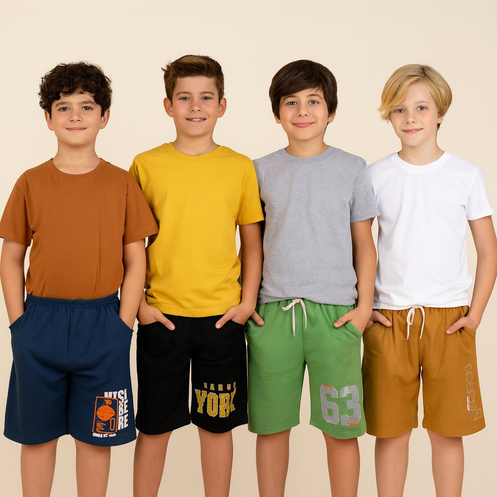 Kit 4 Bermudas Infantis Masculinas Estampadas de Moletinho Algodão Verão Sortidas Confortáveis