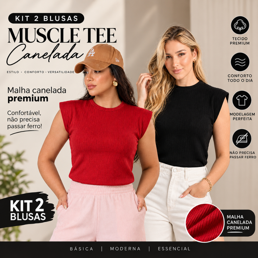 Kit 2 Blusa Femininas Ribana Canelada Muscle Tee Gola Redonda Básica Elegante Confortavel M ao G1