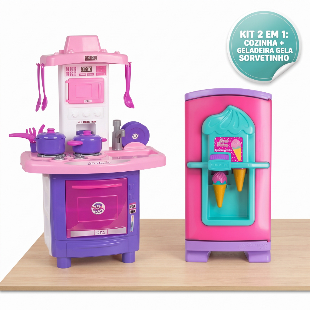 Kit Cozinha Infantil Completa + Geladeira Gela Sorvetinho Com Acessórios Brinquedo Educativo Menina Faz De Conta Fogão