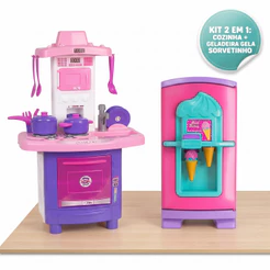 Kit Cozinha Infantil Completa + Geladeira Gela Sorvetinho Com Acessórios Brinquedo Educativo Menina Faz De Conta Fogão