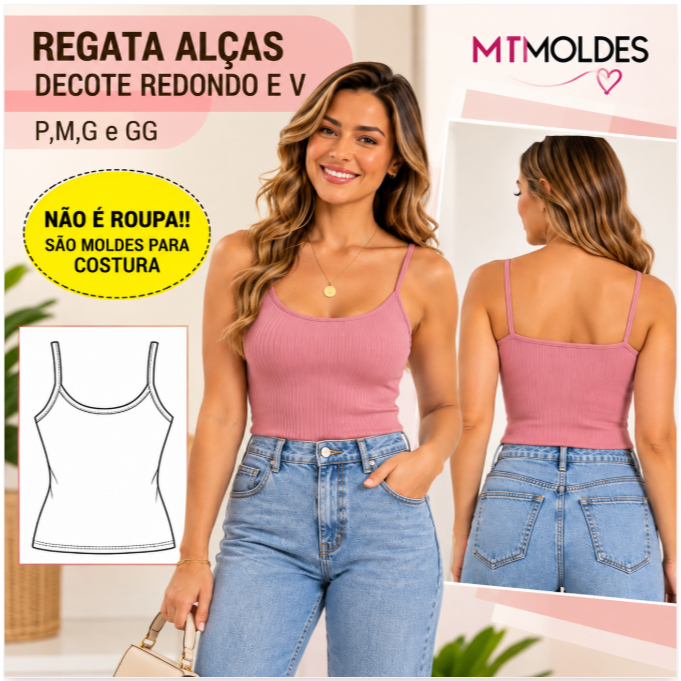 Molde Regata Alças Decote Redondo e V Feminina P M G GG Multitamanho 120g
