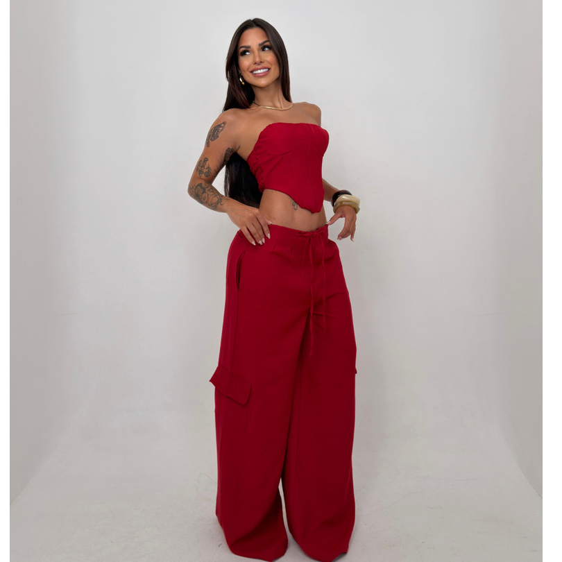 Conjunto Feminino Corset Tomara Que Caia Calça Wide Leg Alfaiataria
