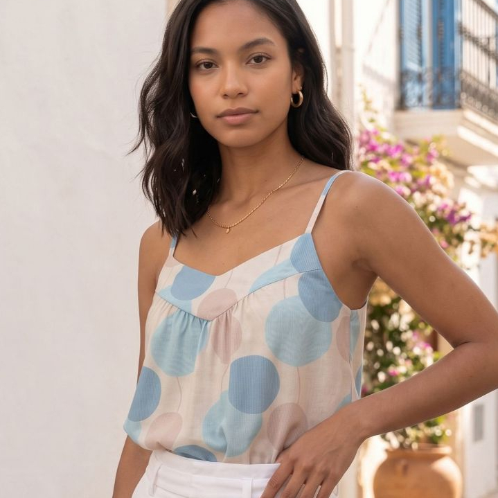 Blusa Regata Feminina Alcinha Estampada Poá Crepe com Alças Reguláveis e Decote V