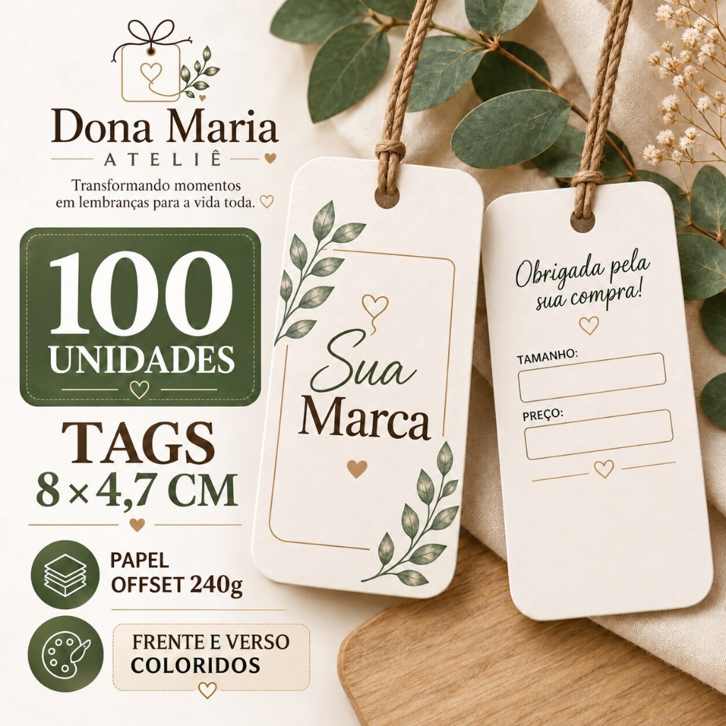 Tags Personalizadas Premium 240g 8x4,7cm | Frente e Verso Coloridos | 100, 500 e 1000 Unidades