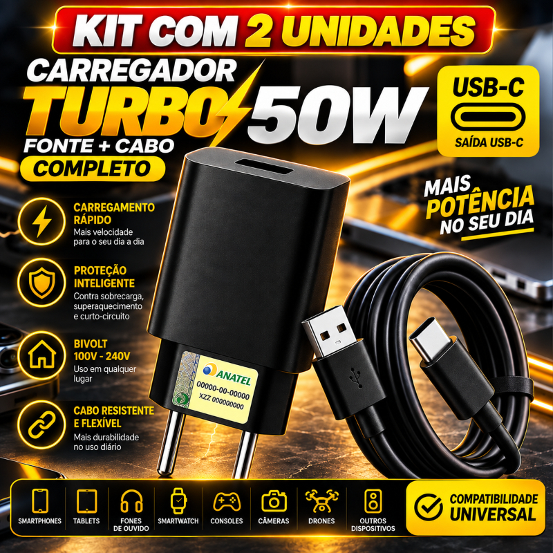 Kit 2 Carregador Universal Fonte + Cabo Turbo Power 50W USB-C Tipo C Celular Android MotoG Xiaom Poco Homologado Anatel