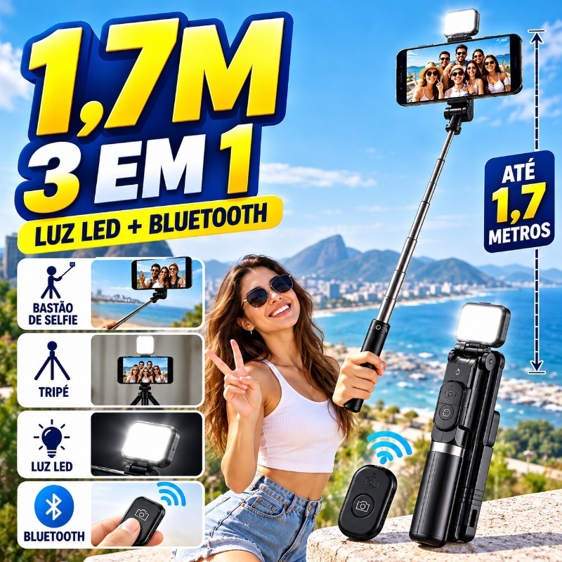 Tripé Selfie para Celular com Luz LED e Controle Bluetooth – Bastão de Selfie Ajustável com Tripé