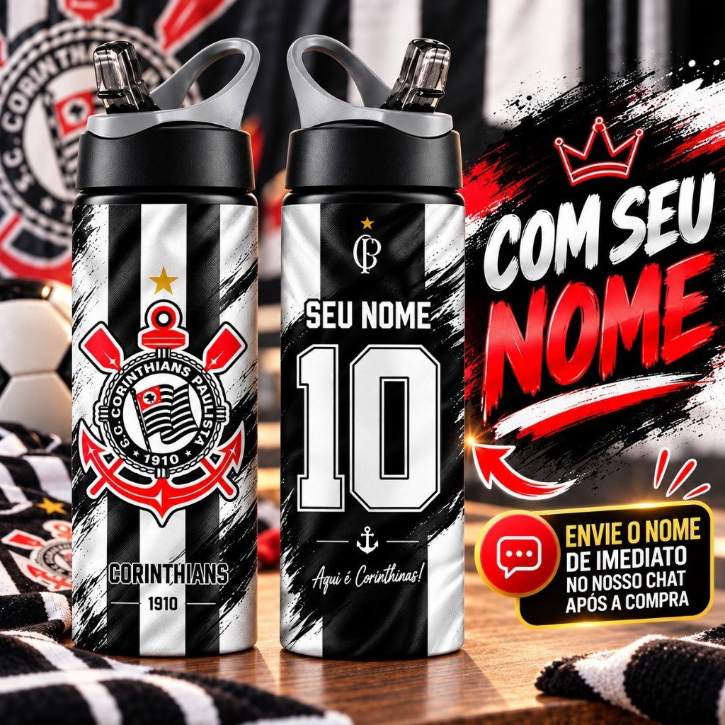 Garrafa de Alumínio 600ml Alvinegro Timão Personalizada Com Nome — imagem 2 de 2