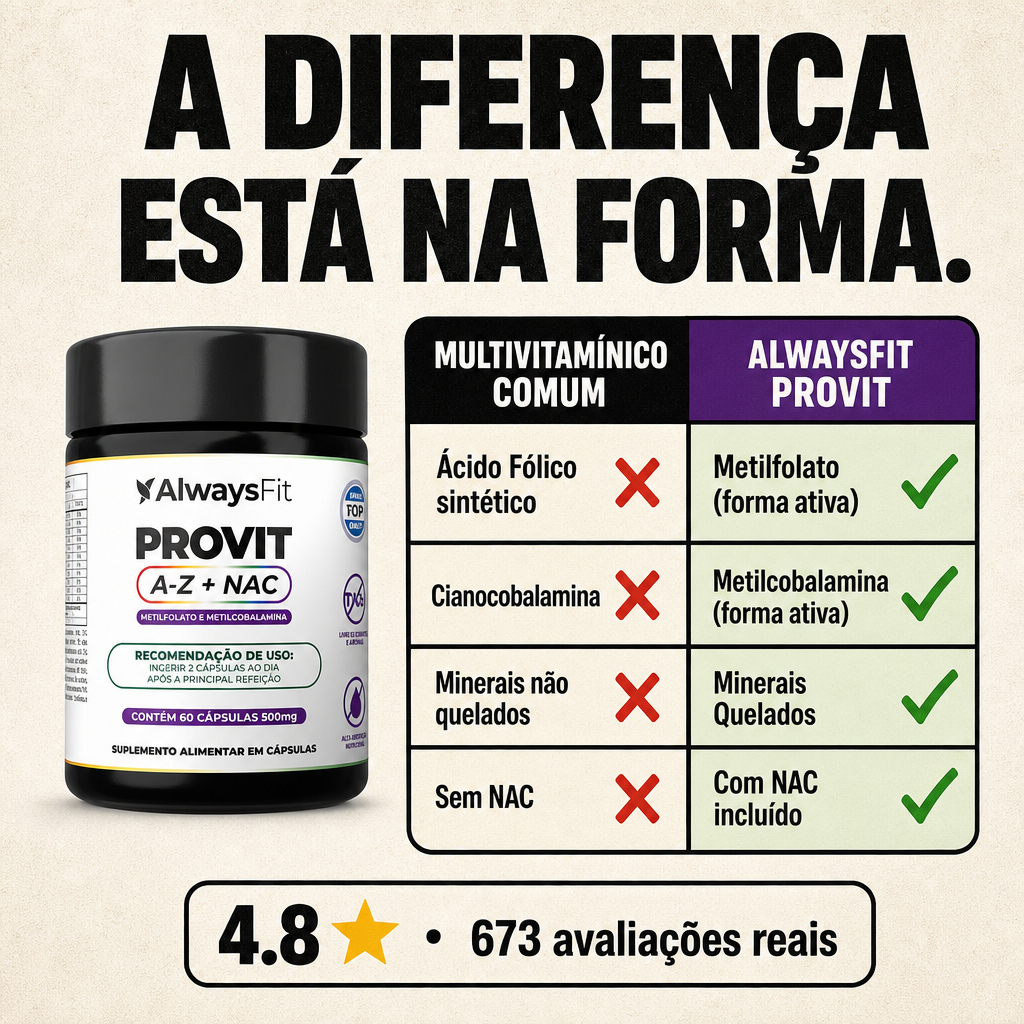 ProVit A-Z + NAC AlwaysFit | Multivitamínico Fórmula Metilada + Minerais Quelados + N-Acetilcisteína | 60 Cápsulas — imagem 2 de 2