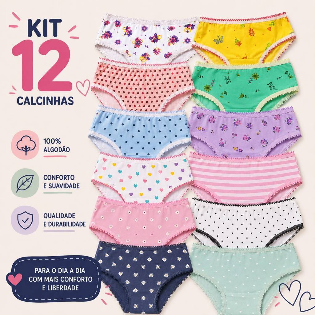 Kit 6 até 12 Calcinha Infantil com Forro algodão Estampada De 2 a 10 Anos Conforto meninas criança