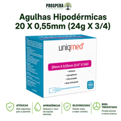 Agulhas Hipodérmicas 20 X 0,55mm (24g X 3/4) - Escolha 25, 50, 100, 200 unidades - UNIQMED