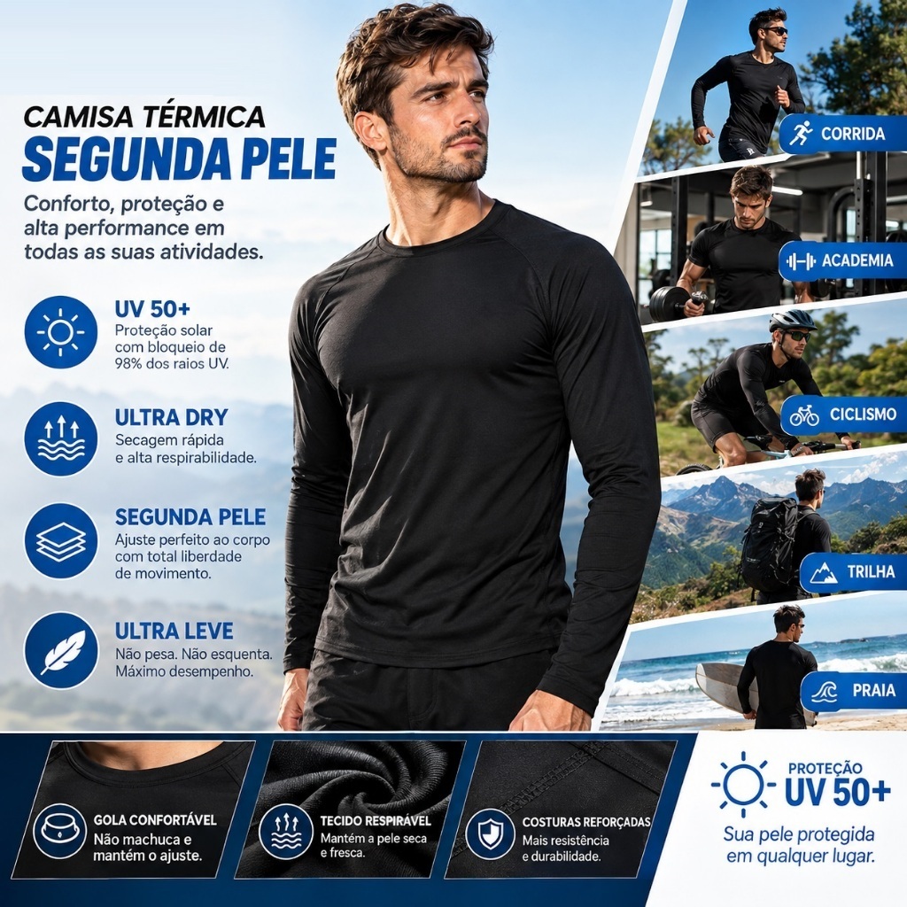 Camisa Térmica Uv 50+ Segunda Pele Malha Fria Camiseta Blusa Academia Esportes Proteção Solar