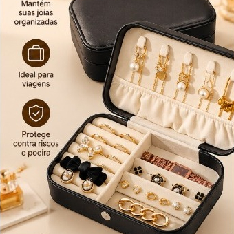 Porta-Joias Multi-Função Portátil com Duplo Compartimento – Organizador de Anéis, Brincos, Colares e Pulseiras