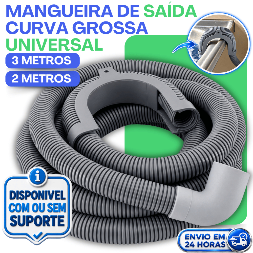 MANGUEIRA SAÍDA D'ÁGUA 2M e 3M CURVA GROSSA UNIVERSAL MÁQUINA DE LAVAR LAVADORA BRASTEMP ELECTROLUX