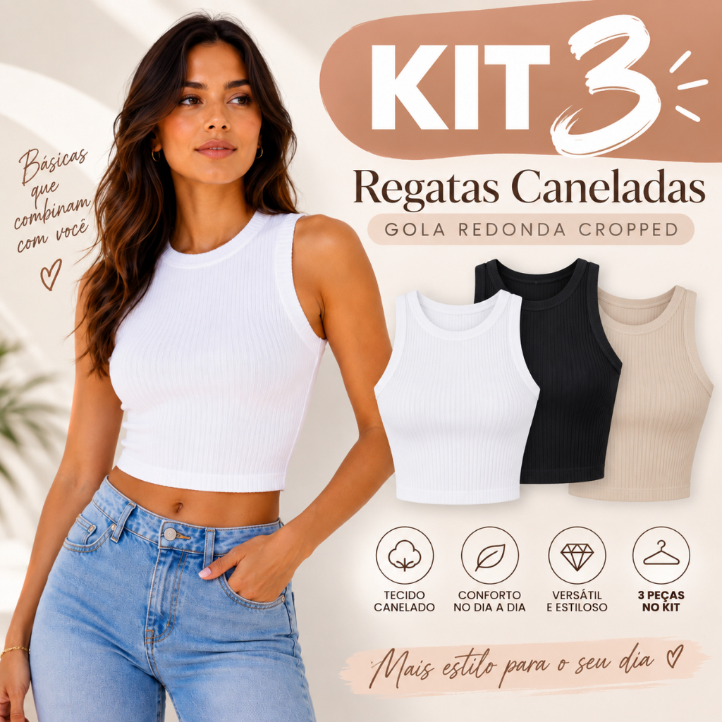 Kit 3 Regatas Femininas Caneladas Cropped Gola Redonda Básica Casual