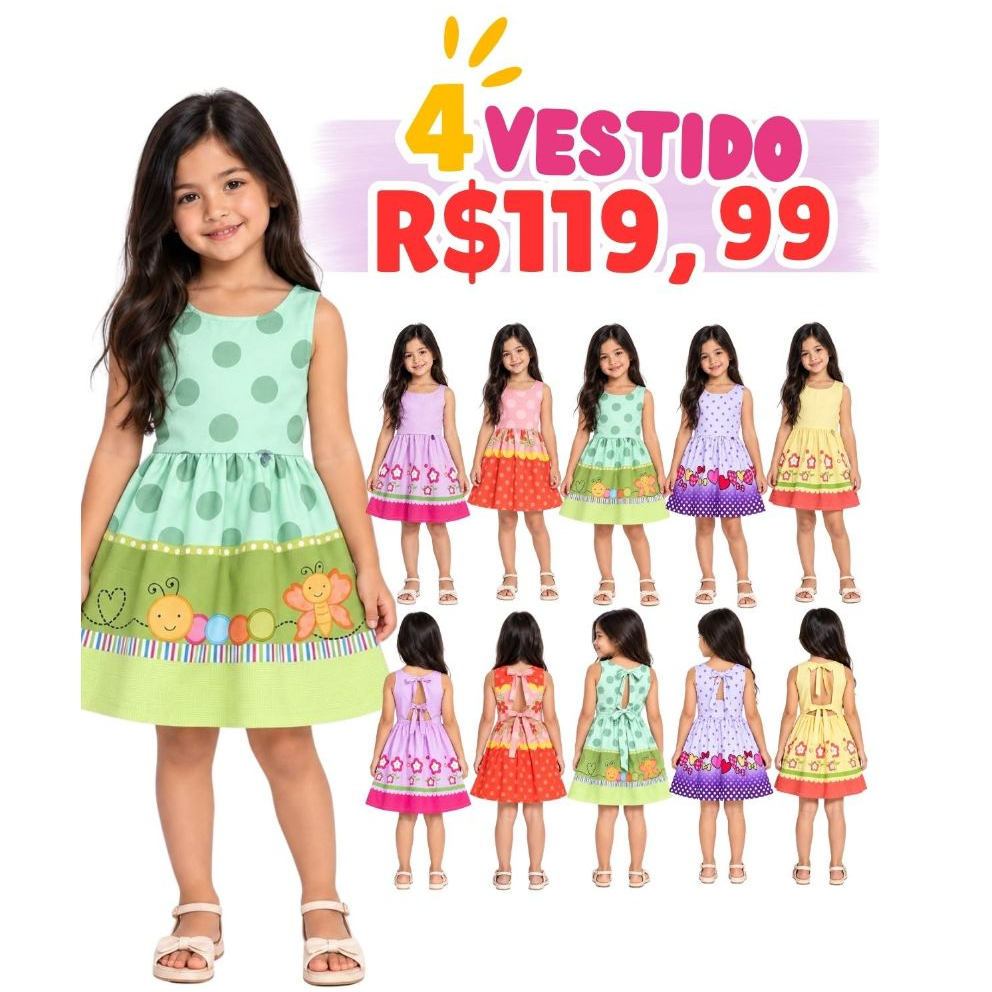 Kit 4 Vestido Infantil Menina Feminino 4-6-8 ANOS  Verão Estampado Roupa Infantil Confortável Festa Casual