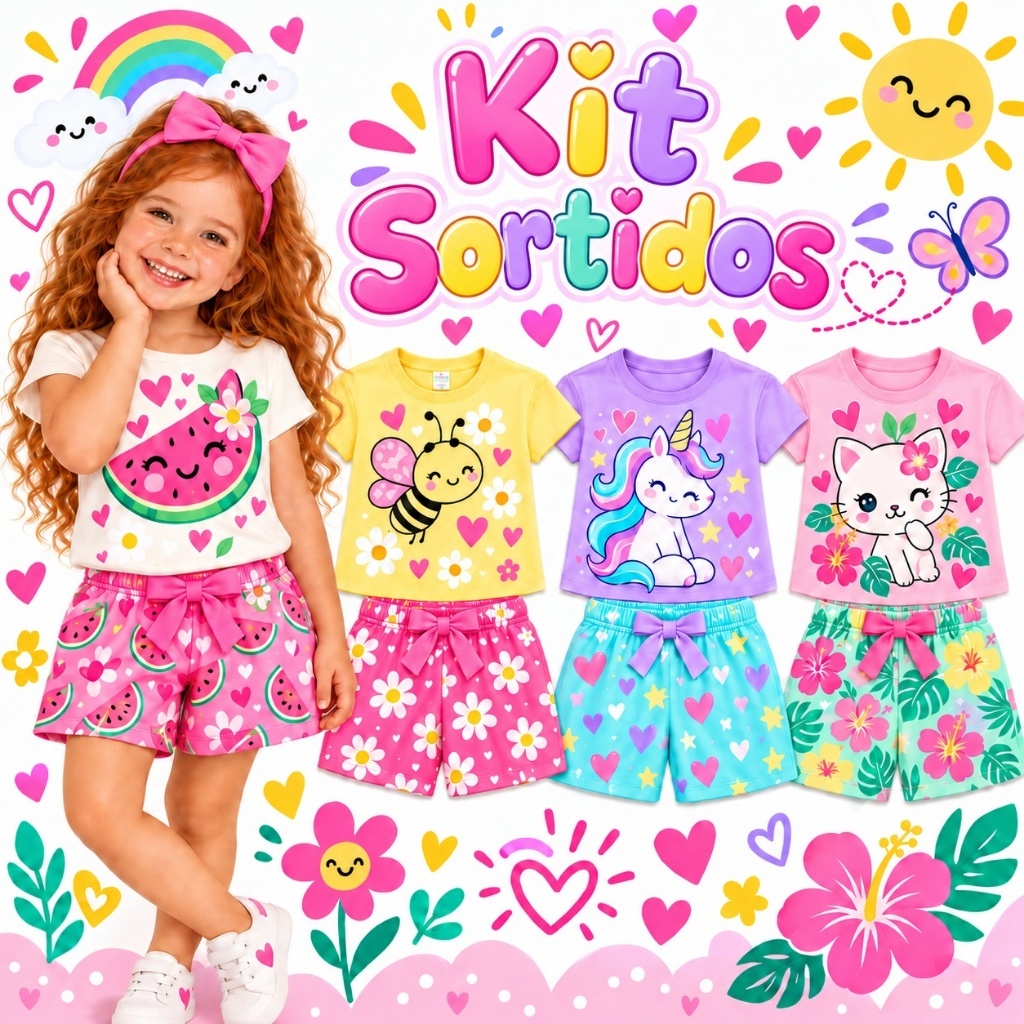 Kit Sortido 4 Peças Roupa Infantil Menina Verão Conjunto Feminino de Bebê Verão Entrega Rápida Moda Infantil Verão