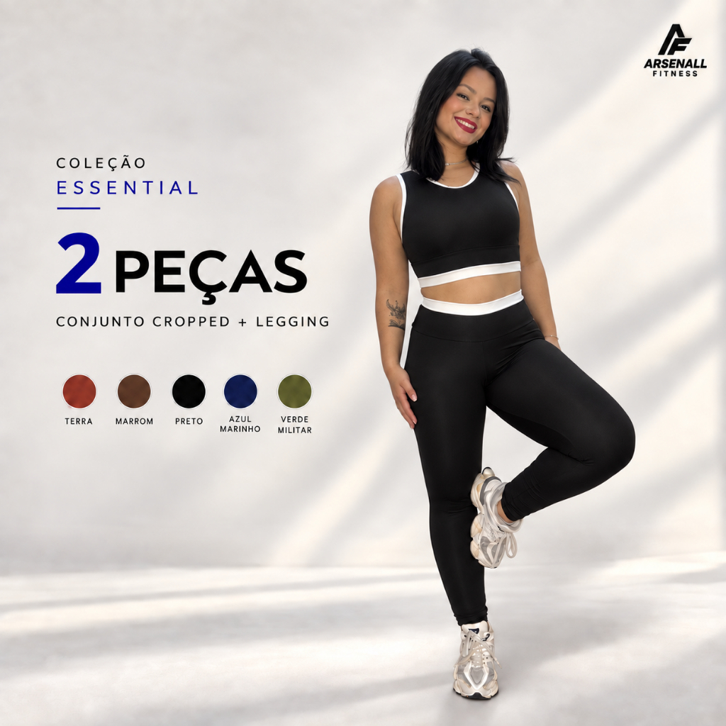Conjunto Feminino Academia Fitness Viés Cru - Conforto, Essential, Blackout, Cintura Alta, Legging e Top Cropped