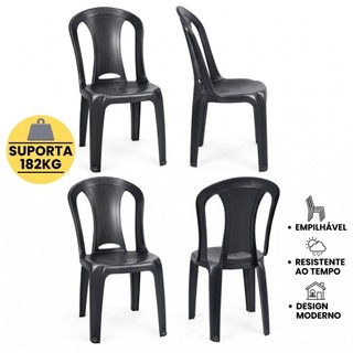 Jogo Kit 4 Cadeiras 182kg de Plástico Preta Bistrô Super Resistente Bares & Lanchonetes