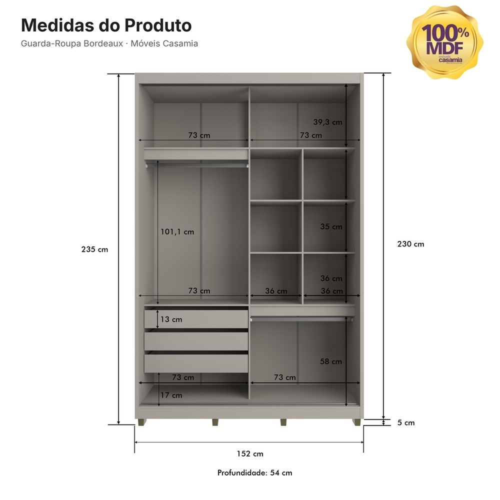 Guarda Roupa 2 Portas de Correr 235x152 Cm Bordeaux Cinza 100% MDF Casamia · foto 2