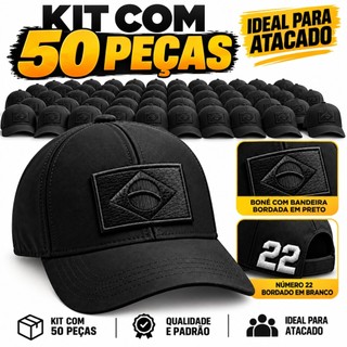 Kit 50 Bonés Preto Bandeira Bordada + Número 22 Branco – Atacado