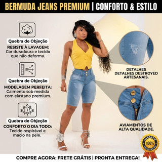 Bermuda Short Jeans Ciclista Feminina Cós Alto Cós Largo Levanta Bumbum.