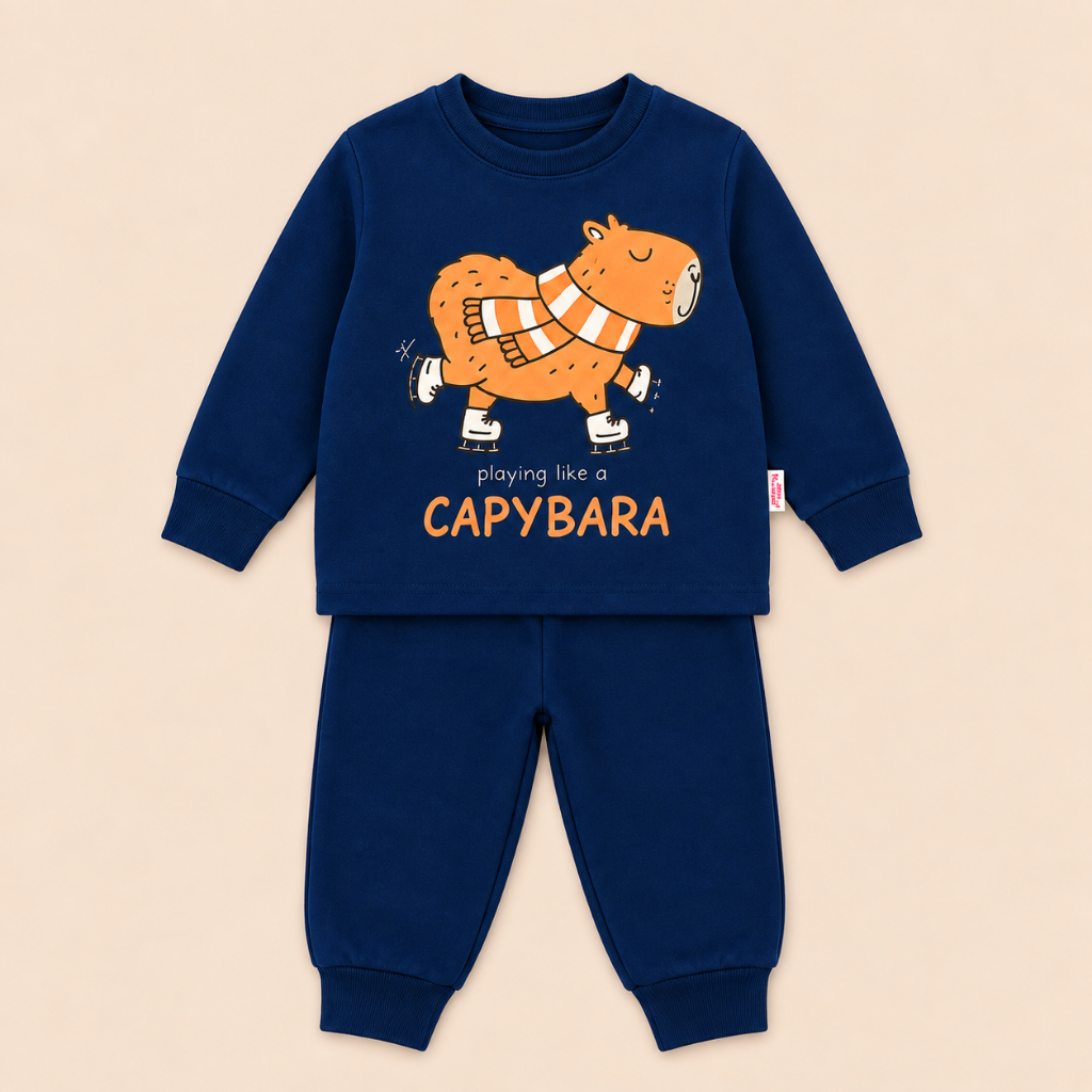 Conjunto Infantil Moletom Bebê Capivara Azul Marinho Inverno Quentinho e Confortável