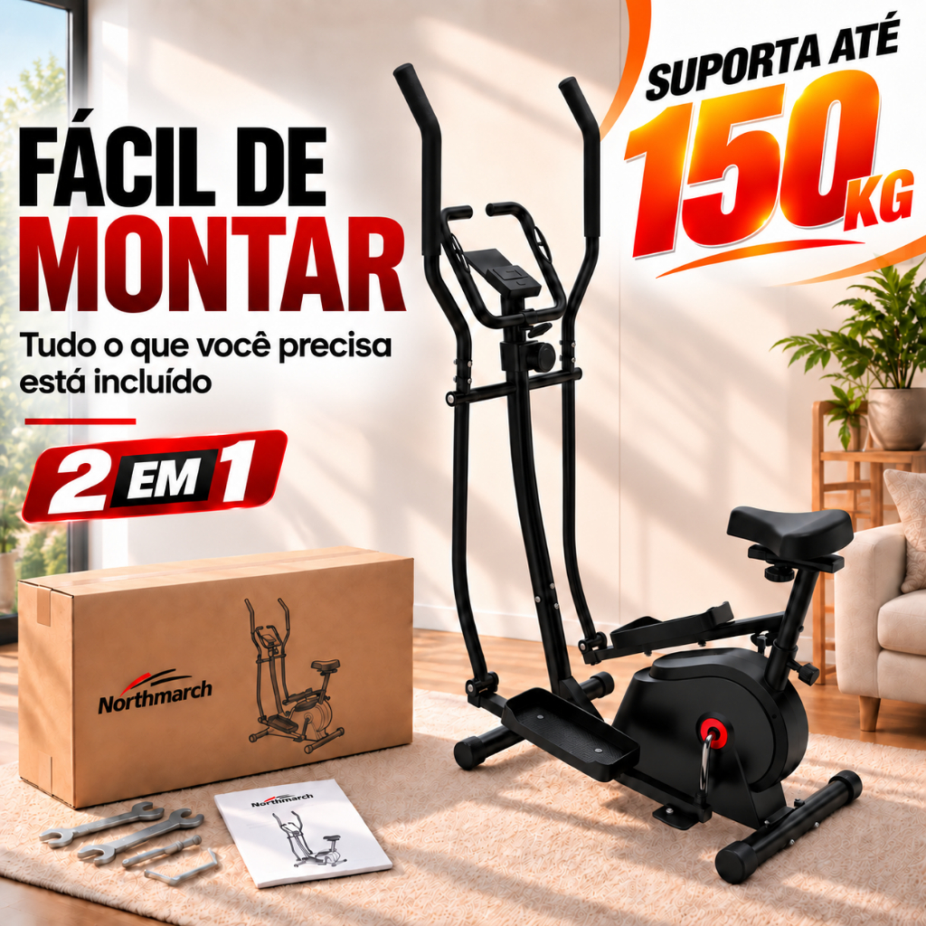 Elíptico Bicicleta Ergométrica 2 em 1 Magnético para Casa 8 Níveis Resistência Display LCD Silencioso TYJ