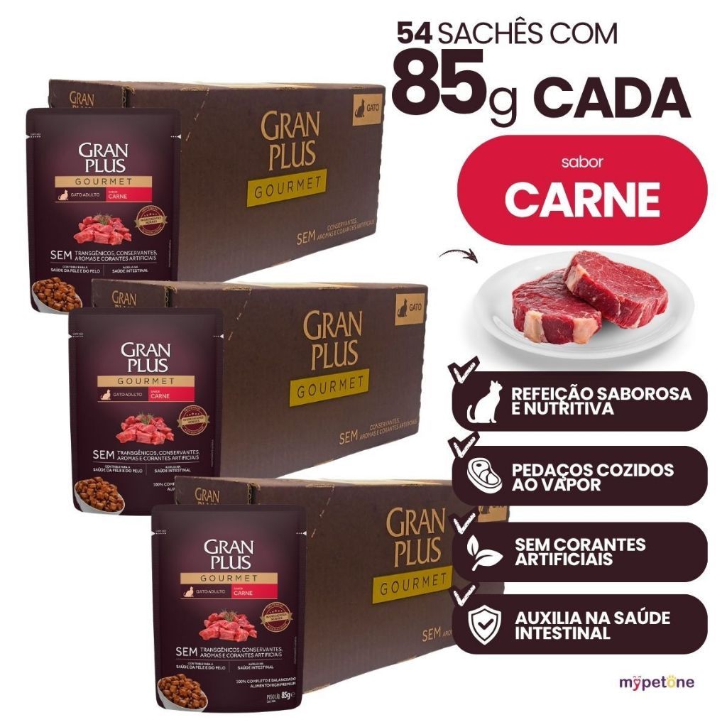Ração Úmida Sachê Granplus Sabor Carne Gatos Adultos Caixo 18, 36, 54 Ou 72 Unidades