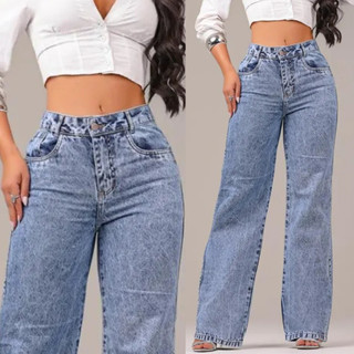 Calça Jeans Wide Leg Feminina Marmorizada Cintura Alta Em 100% Algodão Premium Sem Elastano