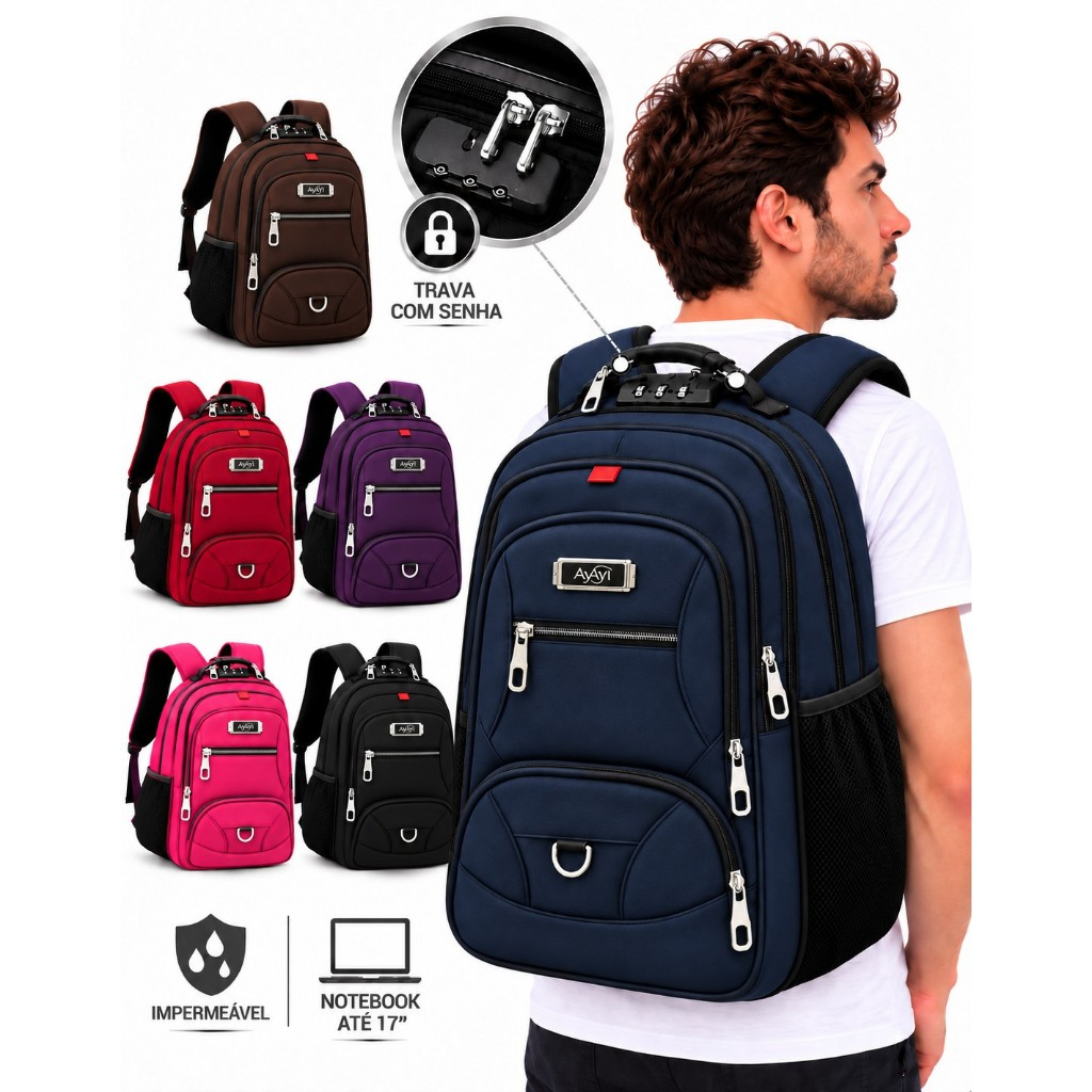 Mochila Masculina Grande Alça Reforçada Anti-Roubo Porta Notebook Ayayi 40L Resistente a Água Unissex Estudos Trabalho
