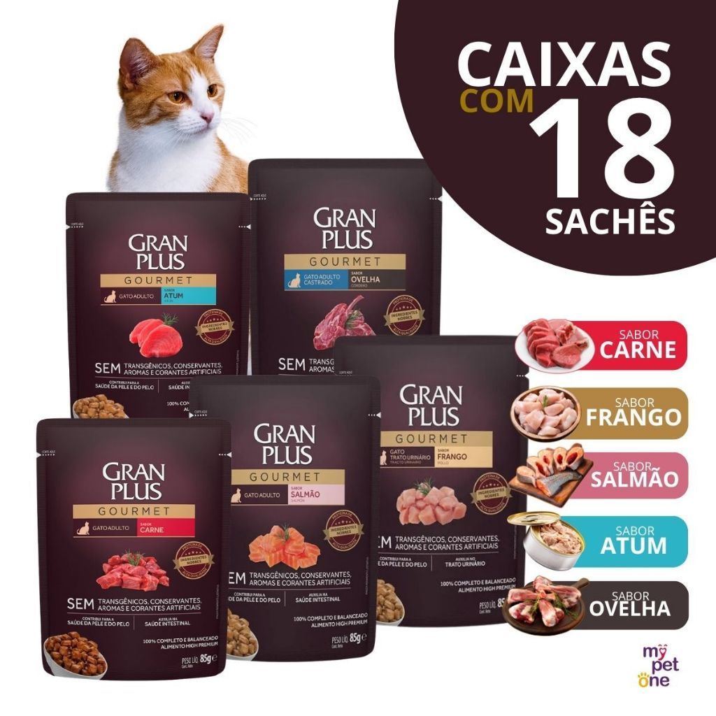 Ração Úmida Sachê GranPlus Gourmet Para Gatos Adultos Sabores Diversos Caixa 18 Unidades
