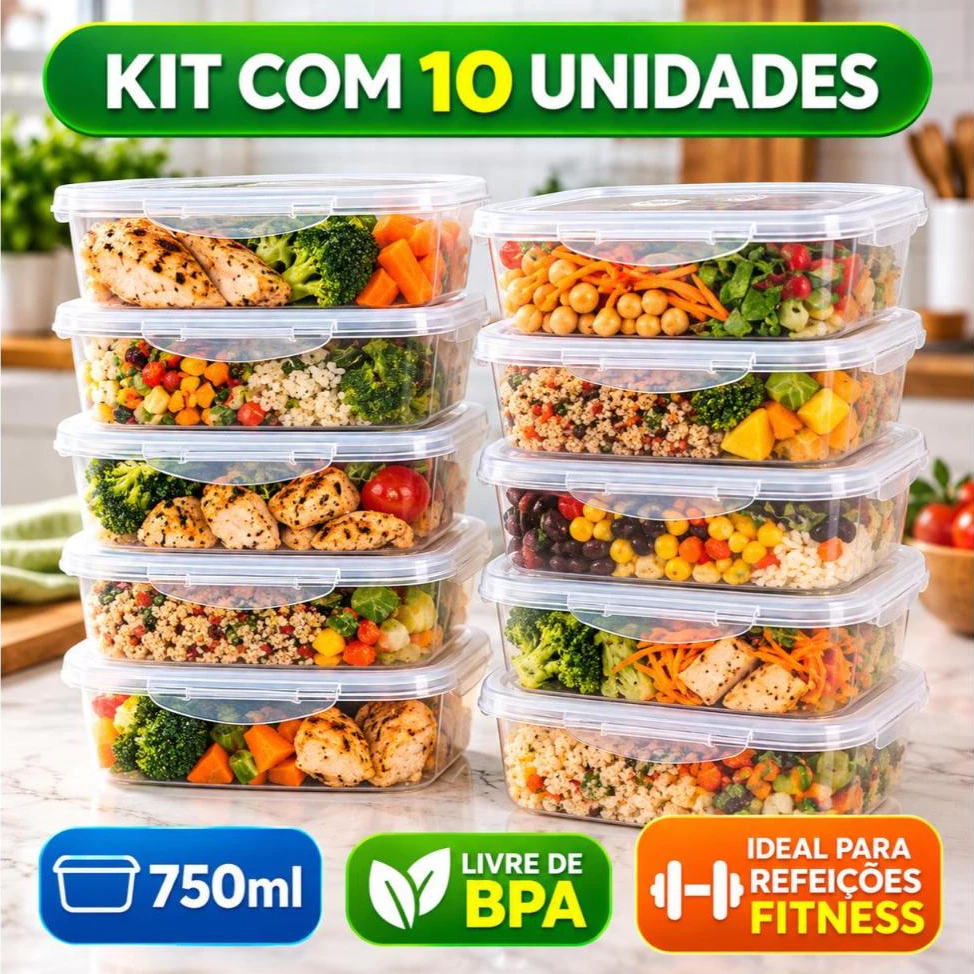 Kit 10 Marmitas Potes 750ml Travas Laterais Hermeticas Livres de BPA Alimentos Organiza Congelador — imagem 1