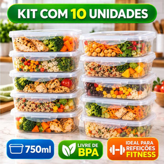 Kit 10 Marmitas Potes 750ml Travas Laterais Hermeticas Livres de BPA Alimentos Organiza Congelador
