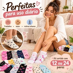 Kit 12 ou 24 Pares Meias Femininas Soquete Estampadas Adulto Confortável Uso Diário Único 35-40