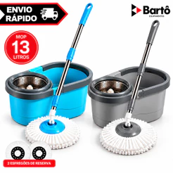 Mop Girátorio Cleaner Profissional Balde com Centrífuga 13L + Refil Duplo Cabo Reforçado Azul Cinza