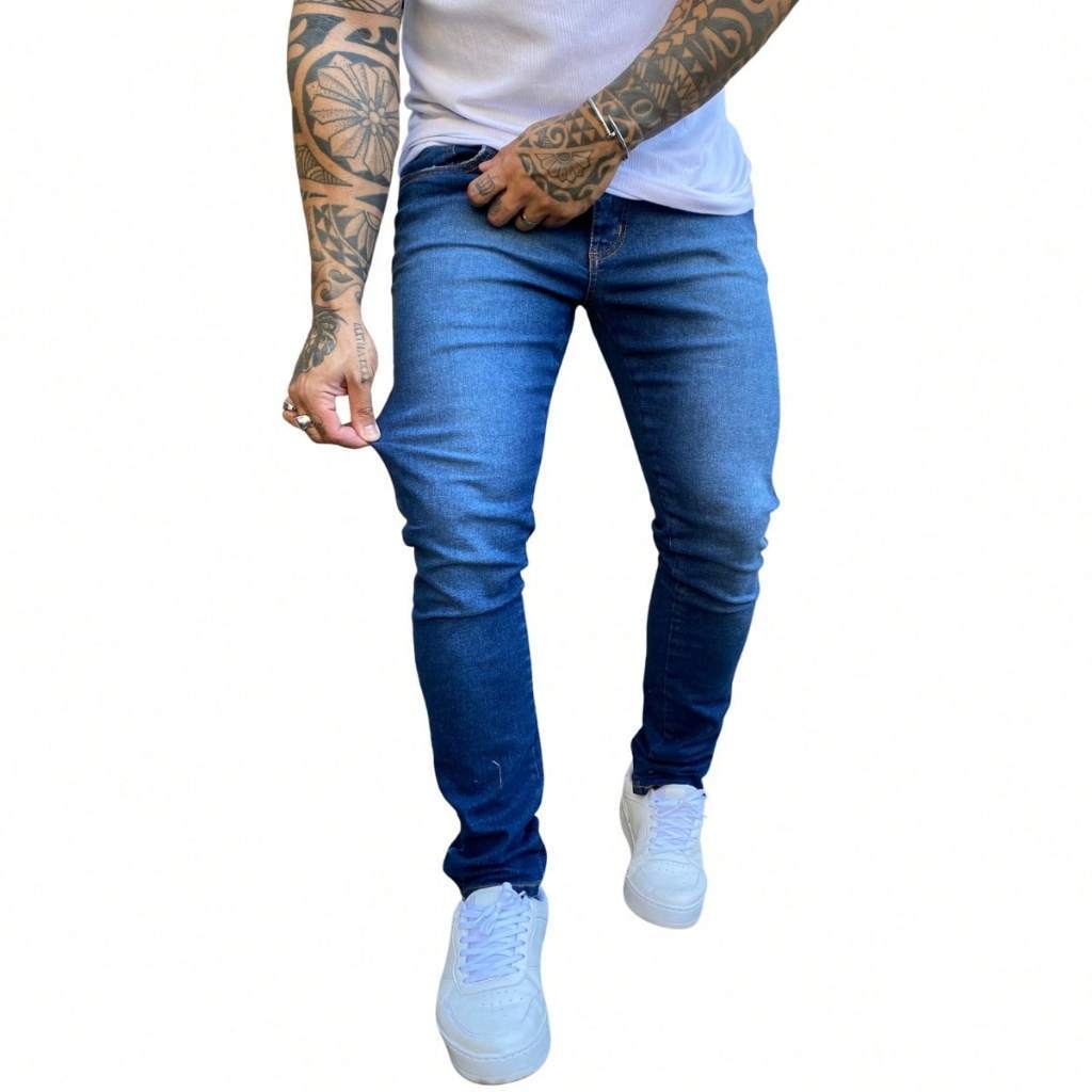 36M - Calça Jeans Masculina Slim Azul Escuro com Elastano Confortável Lavagem Moderna Premium Caimento Perfeito