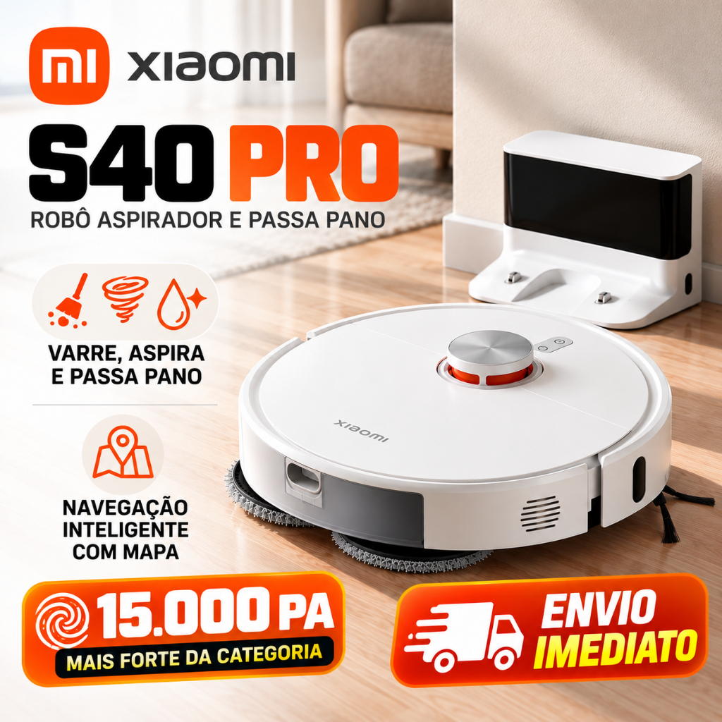 Robô Aspirador Xiaomi S40 PRO Wi-Fi 15.000Pa Passa Pano Com Mapeamento Bivolt Original Lacrado