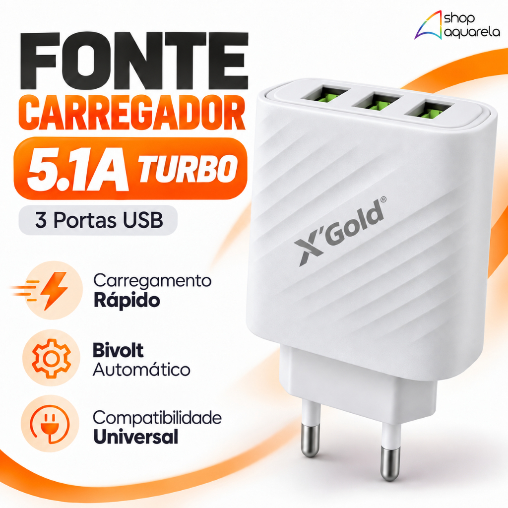 Fonte Carregador USB 5.1A Carga Rápida 3 Portas Universal Bivolt A'Gold
