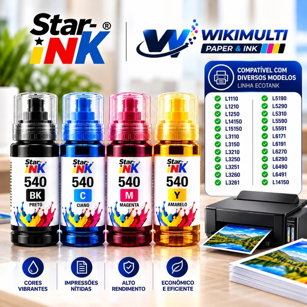 Tintas WikiMulti Paper Compativeis com Impressoras EcoTank Familia T540 - Modelo L3110 L3150 L3210 L3250 L5190 - 70ml c — imagem 2 de 2
