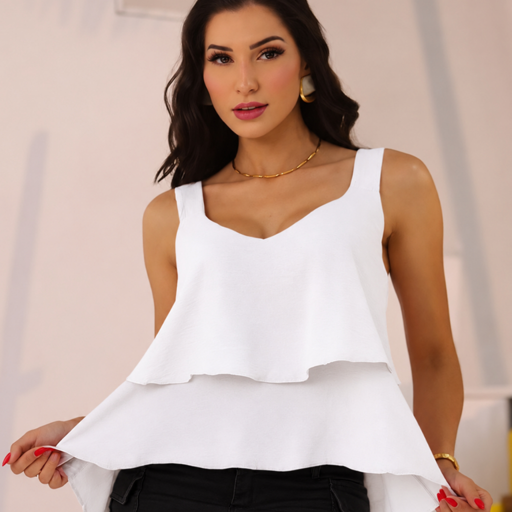 Blusa Feminina Blusinha babado Duplo Regata con Alcinha Leve Soltinha Tendencia Verão