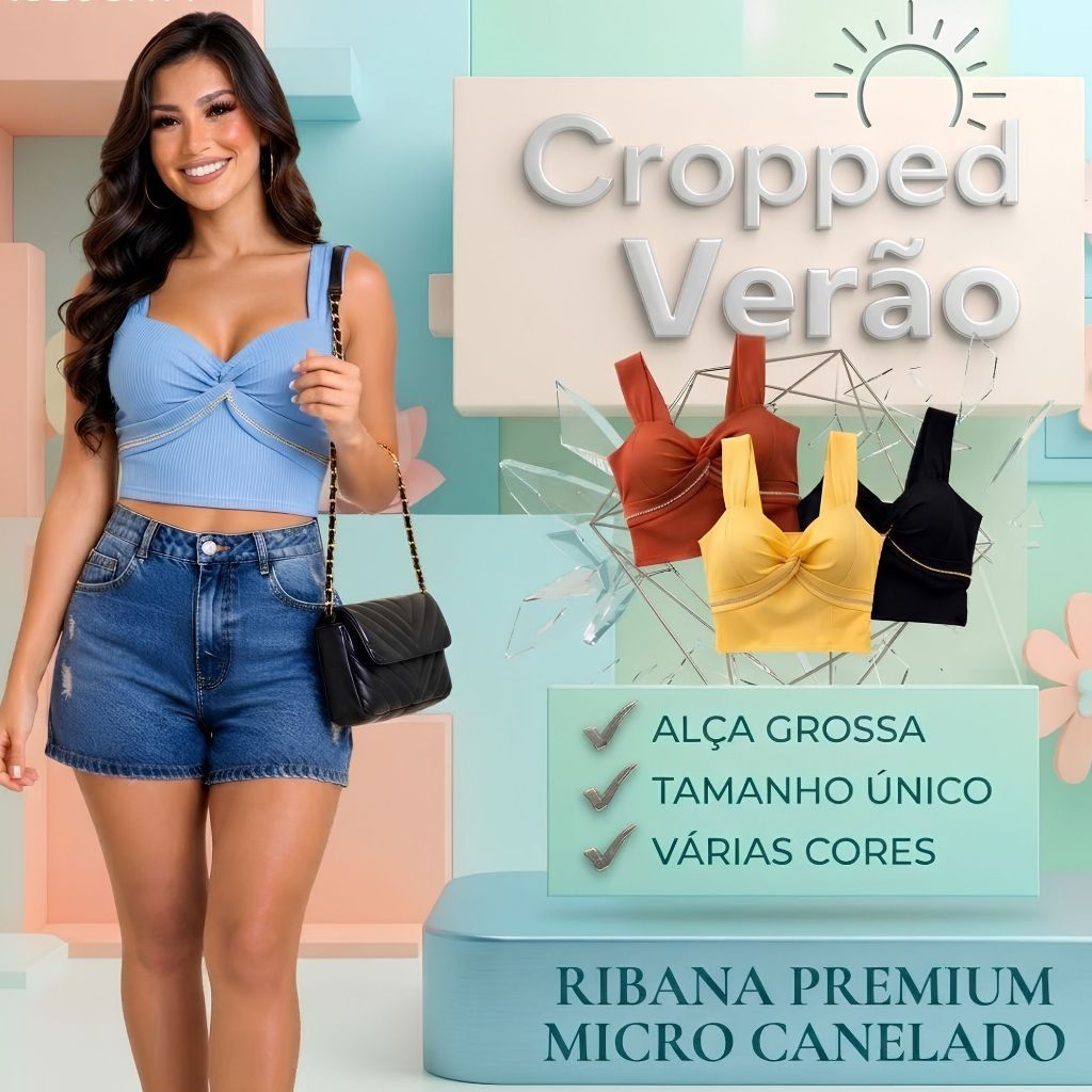 Cropped Top Feminino Verão com Bojo Alça Grossa Confortável Ribana Tecido Canelado Elegante Com Elastano Verão 2027