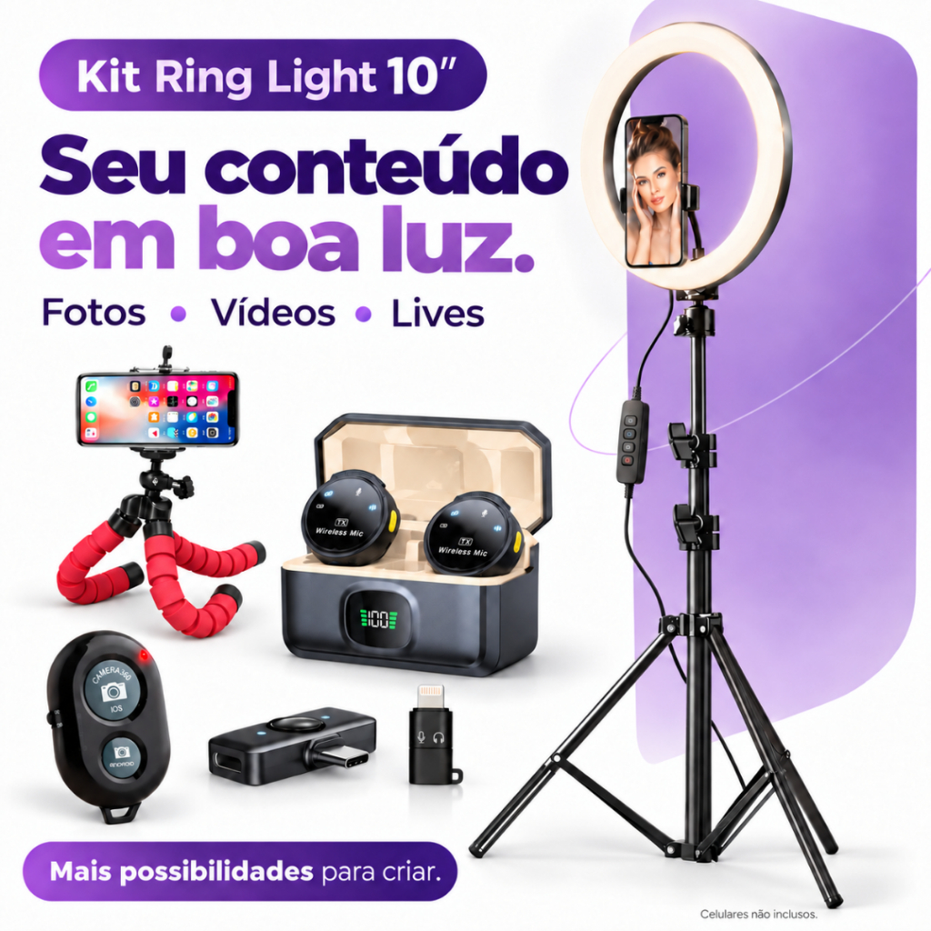 Kit Youtuber Microfone Sem Fio Profissional Tripé 2.10 Ring Light Iluminador 10 Pol Android Iphone