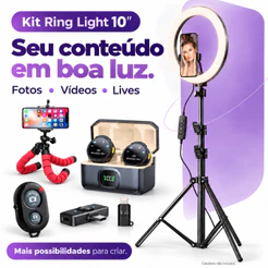 Kit Youtuber Microfone Sem Fio Profissional Tripé 2.10 Ring Light Iluminador 10 Pol Android Iphone